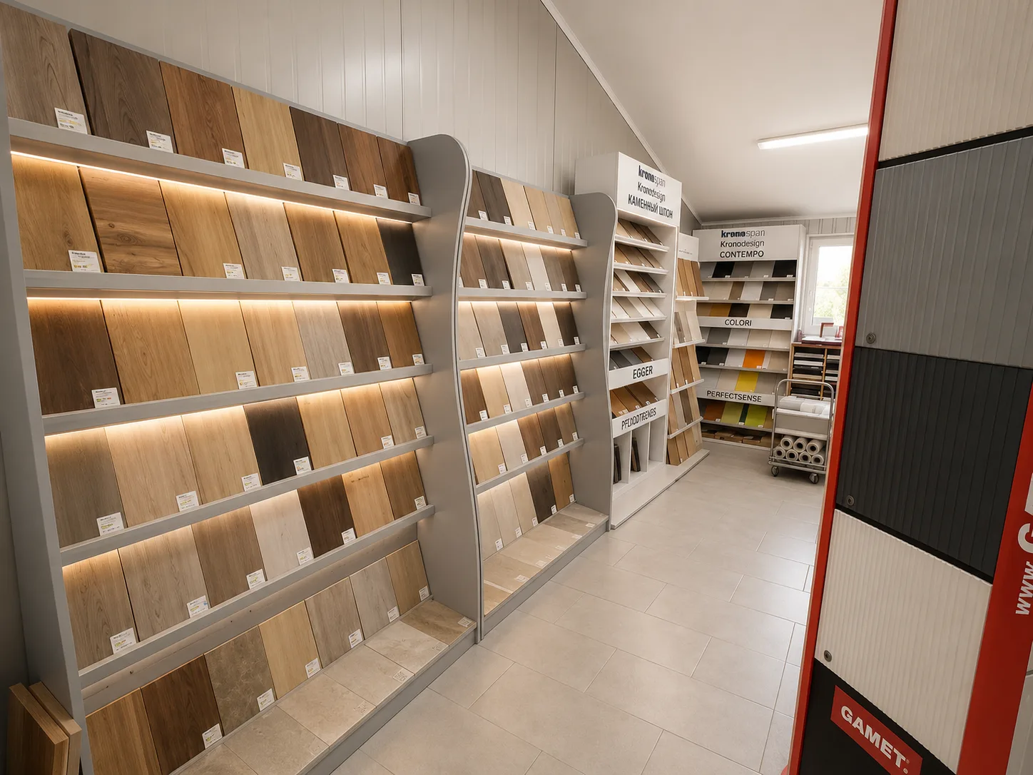 Ekspozycja dekorów płyt meblowych w salonie Meblomis